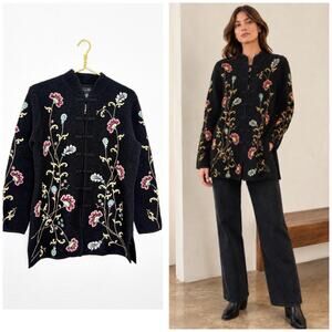Vintage Y2K Boiled Wool Japanese Cherry Blossom Floral Embroidery Cardigan Small